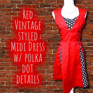 Red Midi Vintage Styled Dress with Polka Dot Details